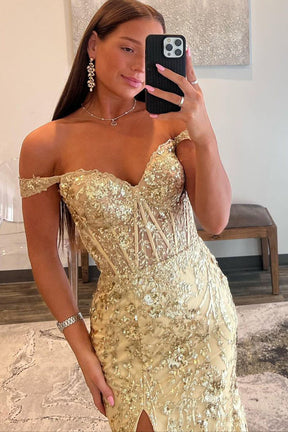 Dressime Mermaid Off The Shoulder Sequined Floral Long Prom Dress with Slit dressime