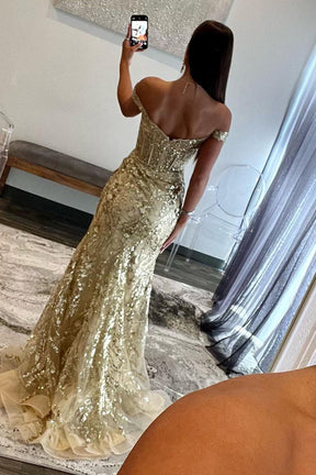 Dressime Mermaid Off The Shoulder Sequined Floral Long Prom Dress with Slit dressime