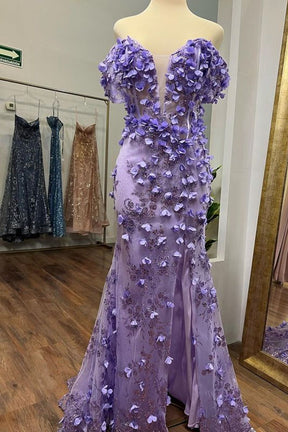 Dressime Mermaid Off The Shoulder Tulle Slit Long Prom Dress With Flowers dressime