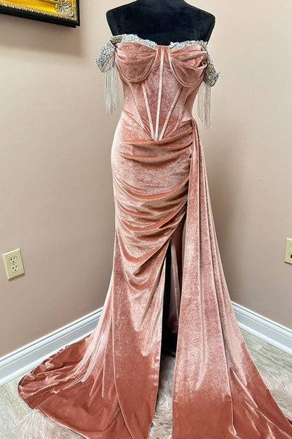 Dressime Mermaid Off The Shoulder Velvet Slit Prom Dress With Beaded & Train dressime