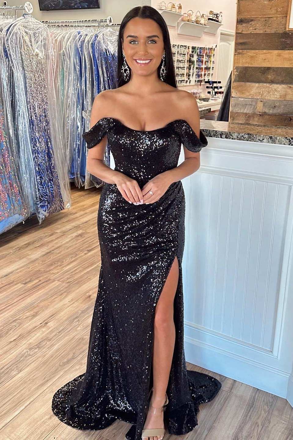 dressimeMermaid Off the Shoulder Sequins Long Prom Dress with Slit 