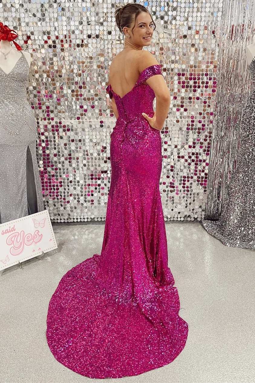 dressimeMermaid Off the Shoulder Sequins Long Prom Dress with Slit 