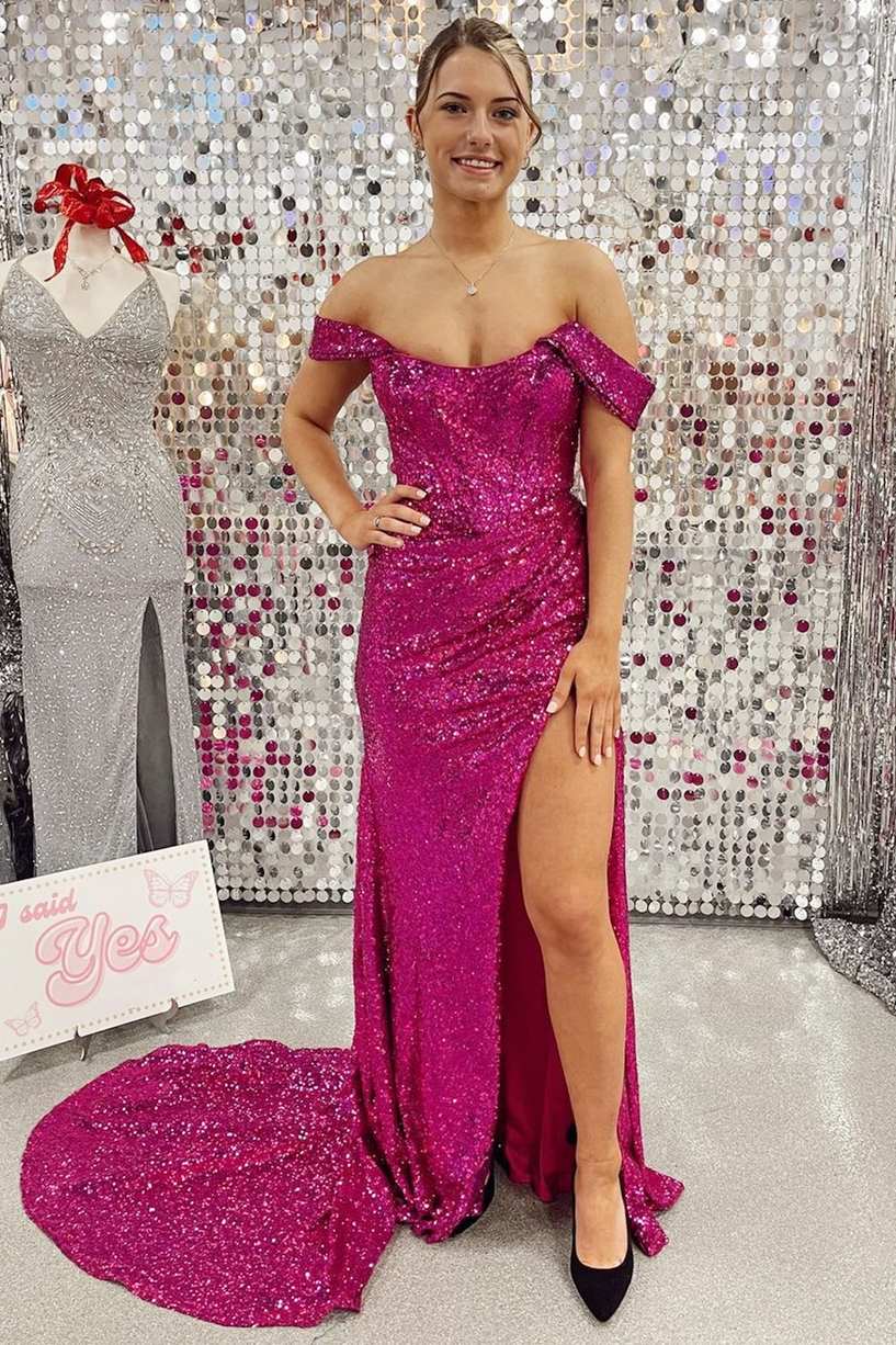 dressimeMermaid Off the Shoulder Sequins Long Prom Dress with Slit 