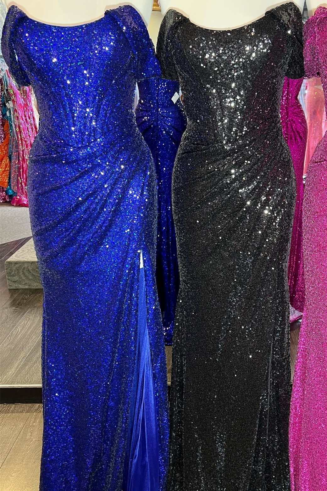 dressimeMermaid Off the Shoulder Sequins Long Prom Dress with Slit 