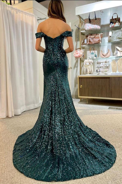 dressimeMermaid Off the Shoulder Sequins Long Prom Dress with Slit 