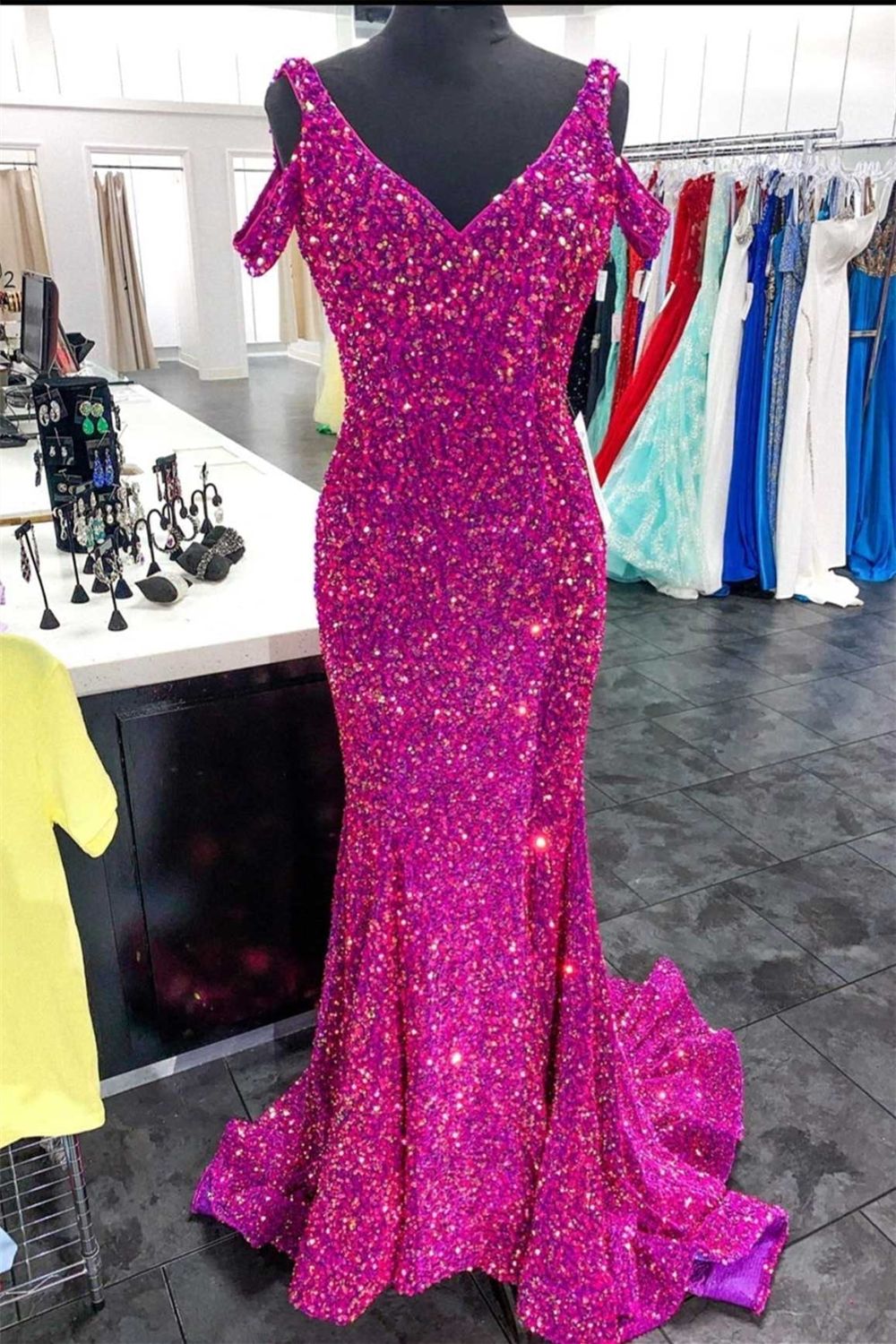 Dressime Mermaid Off the shoulder Sequin Long Prom Dress With Slit dressime