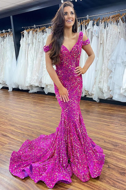 Dressime Mermaid Off the shoulder Sequin Long Prom Dress With Slit dressime