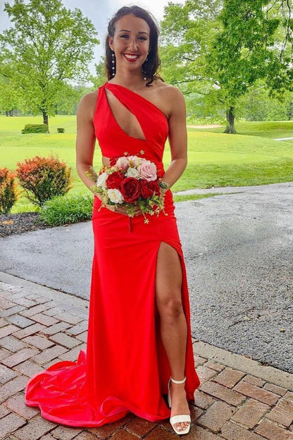 dressimeMermaid One-Shoulde Keyhole Long Prom Dresses with Slit 