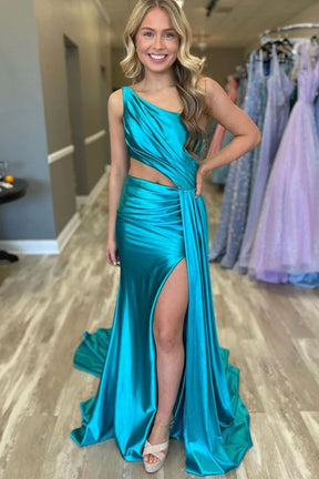 Dressime Mermaid One Shoulder Satin Prom Dresses with Slit dressime