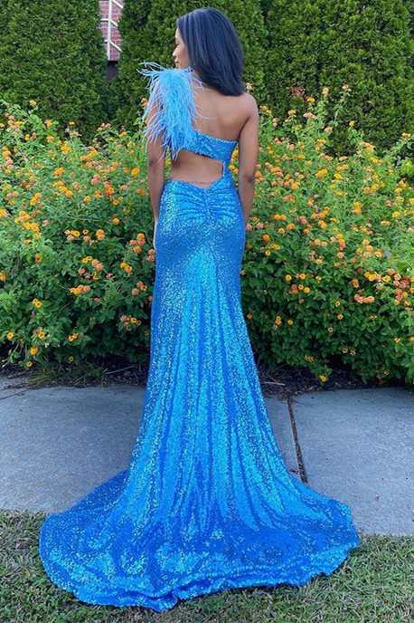 dressimeDressime Mermaid One-Shoulder Sequin Feathers Cutout Long Prom Dress 