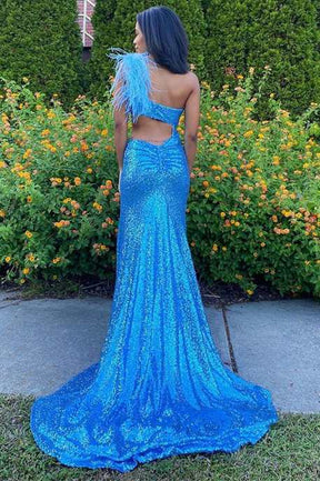 dressimeDressime Mermaid One-Shoulder Sequin Feathers Cutout Long Prom Dress 