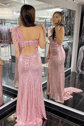 dressimeDressime Mermaid One-Shoulder Sequin Feathers Cutout Long Prom Dress 