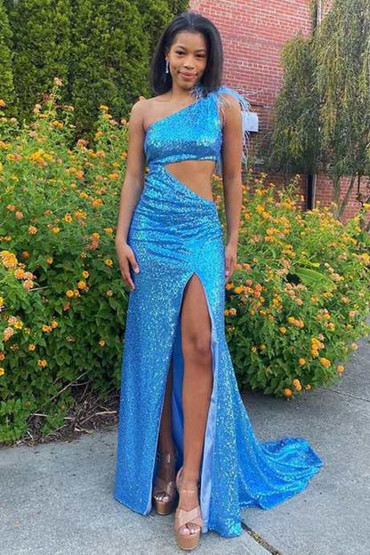 dressimeDressime Mermaid One-Shoulder Sequin Feathers Cutout Long Prom Dress 