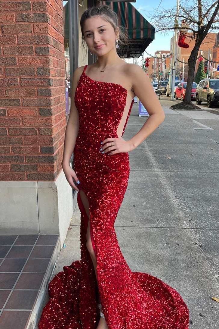 dressimeDressime Mermaid One-Shoulder Sequin Long Prom Dress with Slit 