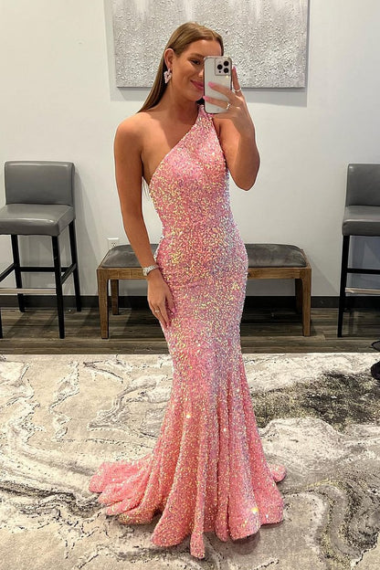 dressimeMermaid One Shoulder Sequin Long Prom Dresses 