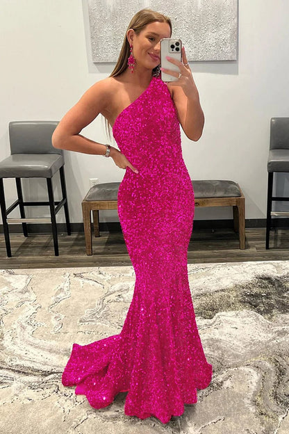 dressimeMermaid One Shoulder Sequin Long Prom Dresses 