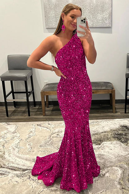 dressimeMermaid One Shoulder Sequin Long Prom Dresses 