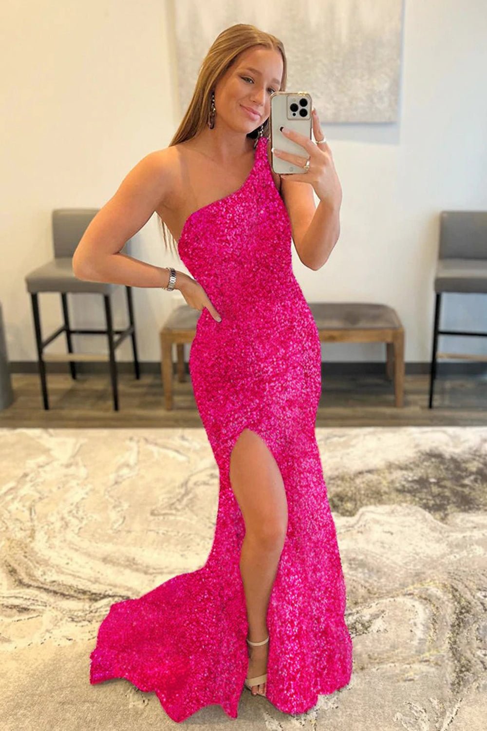 dressimeMermaid One Shoulder Sequin Long Prom Dresses with Slit 