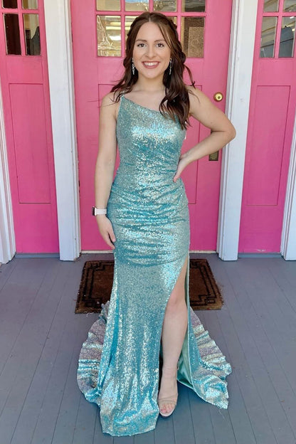 dressimeMermaid One Shoulder Sequins Prom Dresses with Slit 