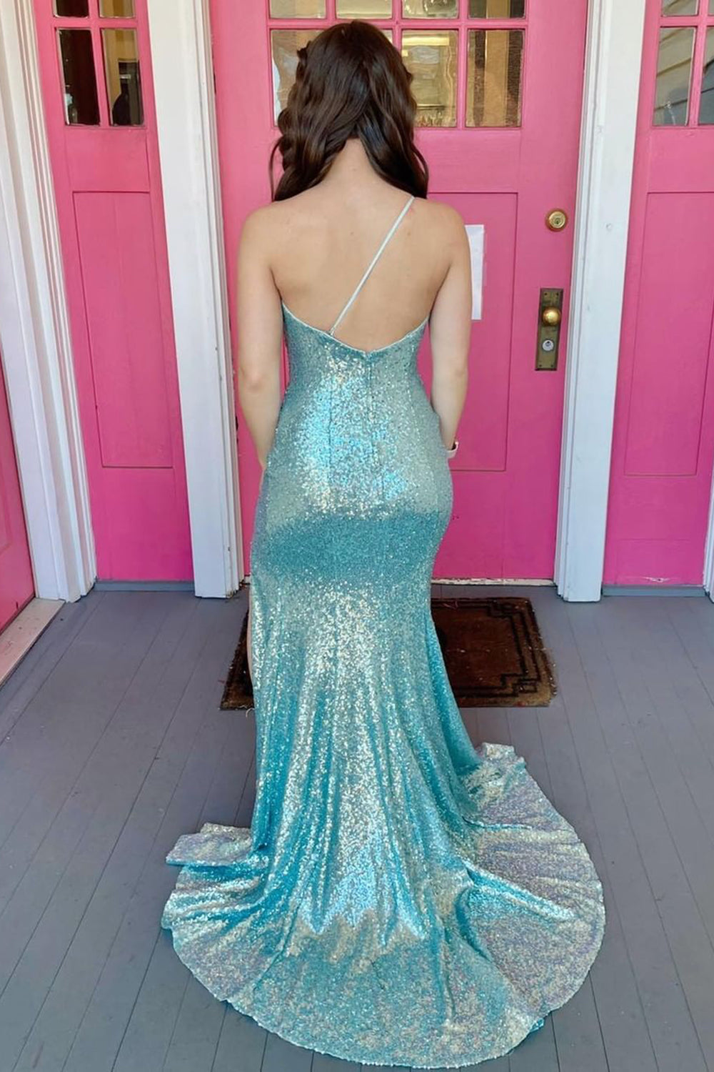 dressimeMermaid One Shoulder Sequins Prom Dresses with Slit 