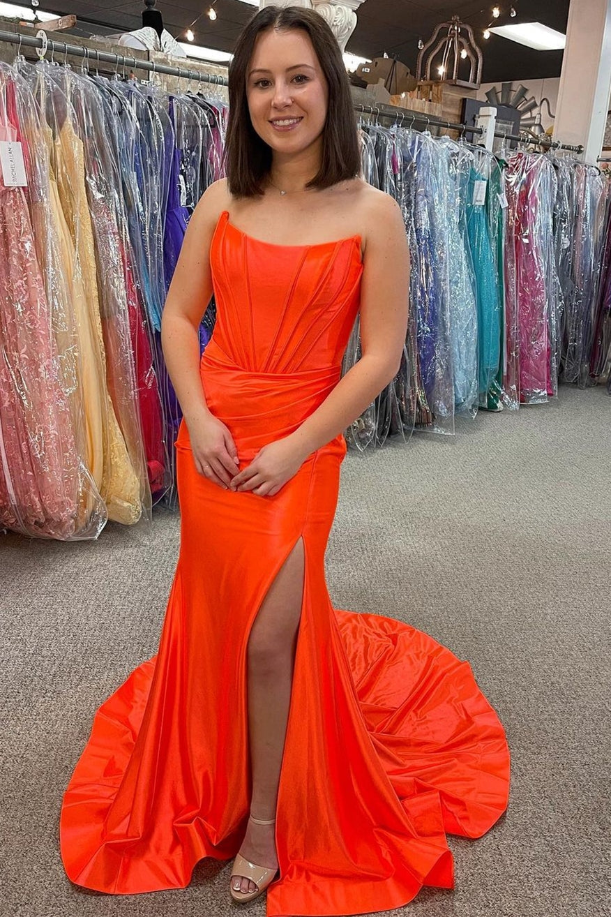 dressimeMermaid Orange Off-the-Shoulder Pleated Long Prom Dress 