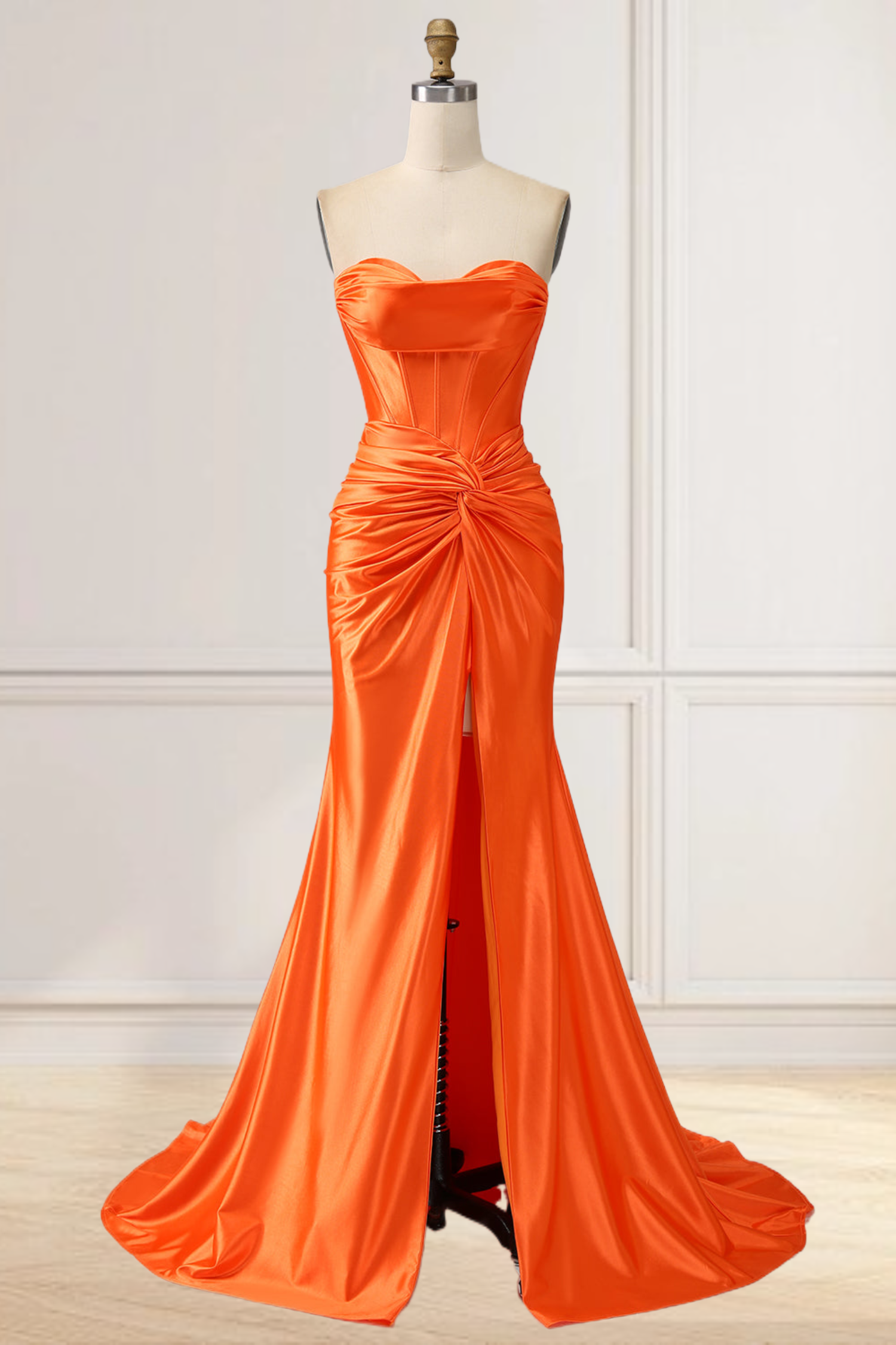 Dressime Mermaid Satin Strapless Twist-Front Long Dresses with Slit dressime