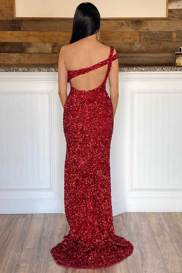 dressimeMermaid Sequin One Shoulder Cutout Long Prom Dresses 