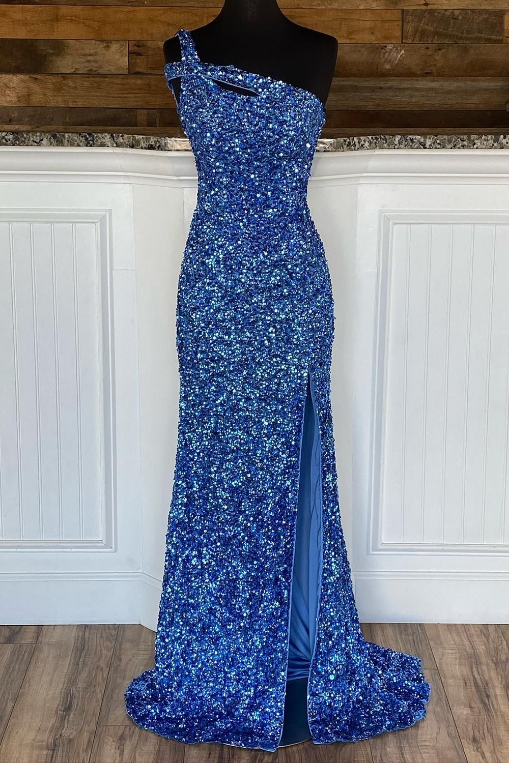 dressimeMermaid Sequin One Shoulder Cutout Long Prom Dresses 