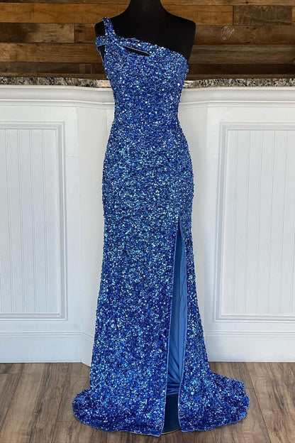 dressimeMermaid Sequin One Shoulder Cutout Long Prom Dresses 