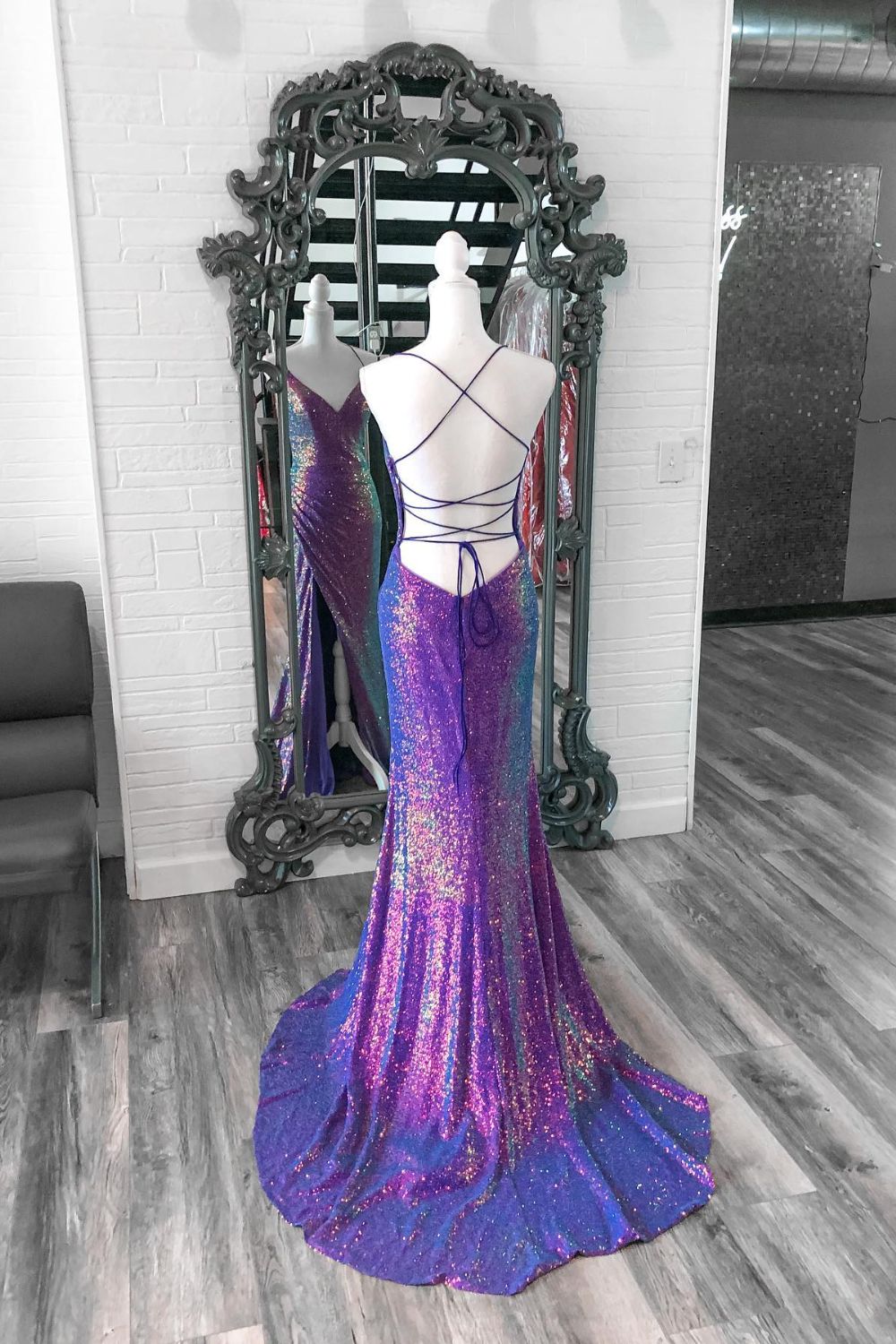 Dressime Mermaid Sequin Spaghetti Straps Long Prom Dress with Slit dressime