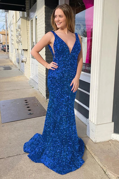 dressimeMermaid Sequin V Neck Open Back Long Prom Dresses 