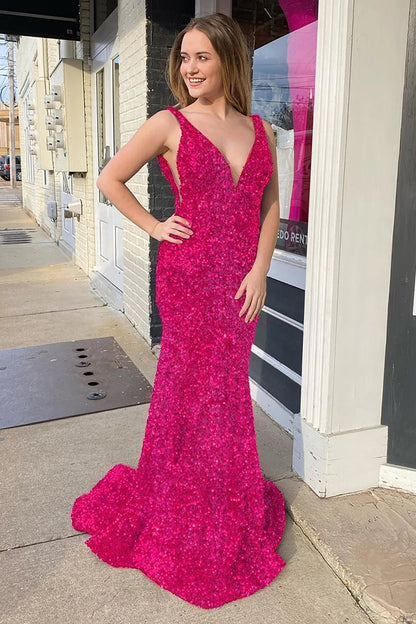 dressimeMermaid Sequin V Neck Open Back Long Prom Dresses 