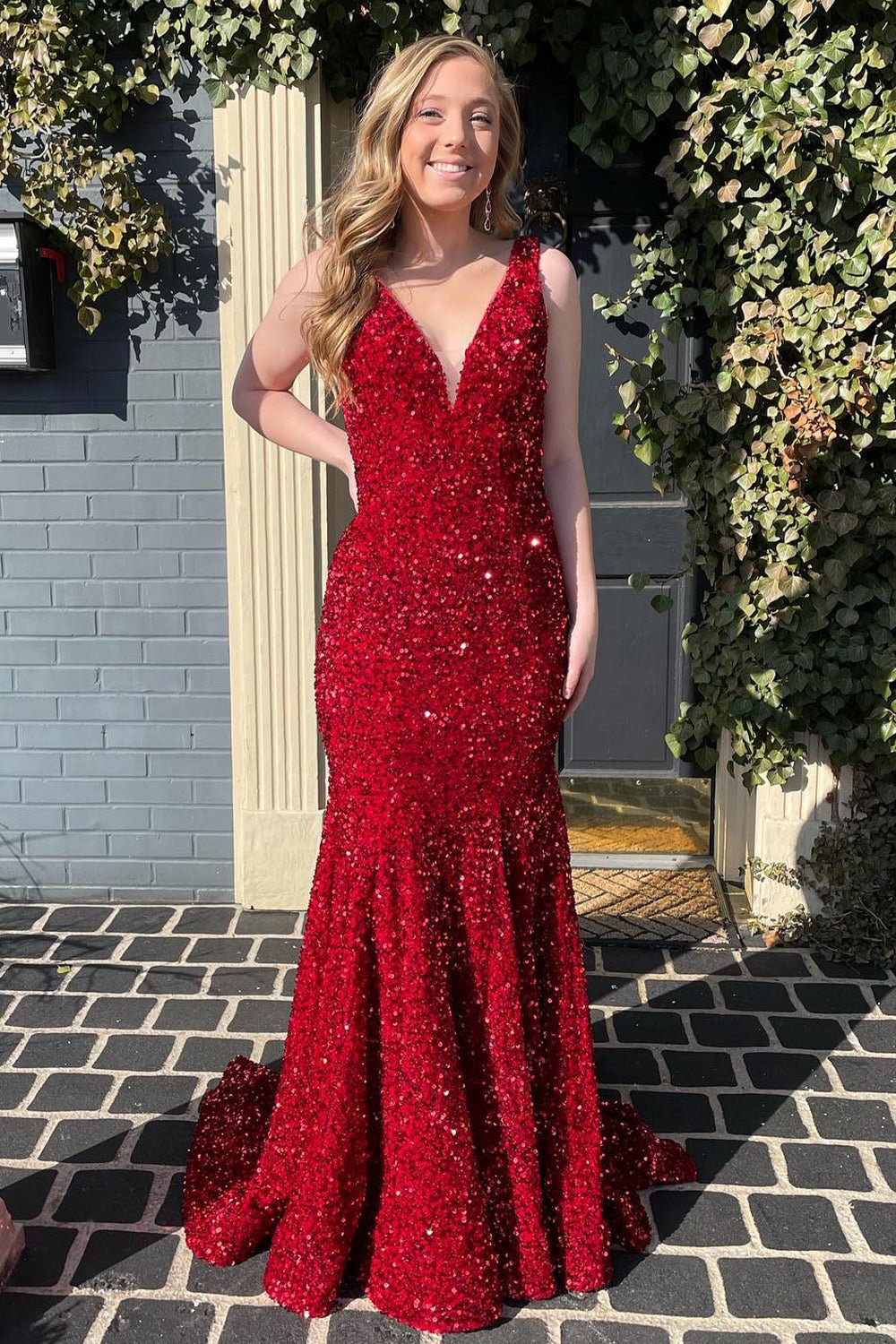 dressimeMermaid Sequin V Neck Open Back Long Prom Dresses 