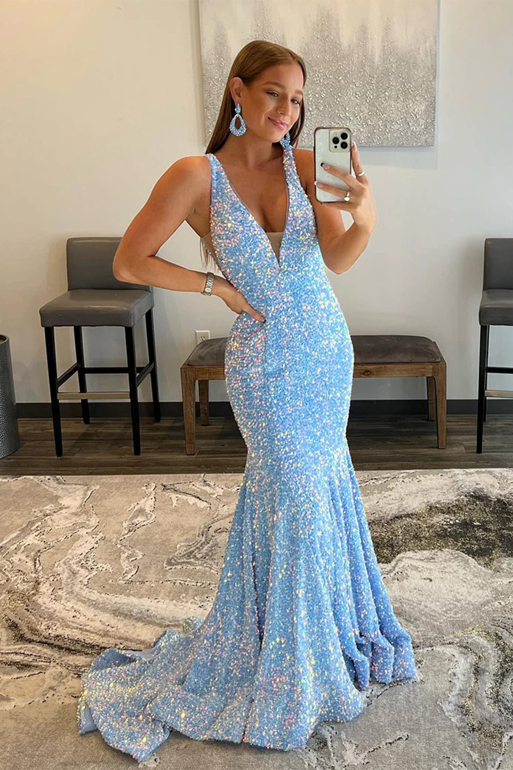 dressimeMermaid Sequin V Neck Open Back Long Prom Dresses 