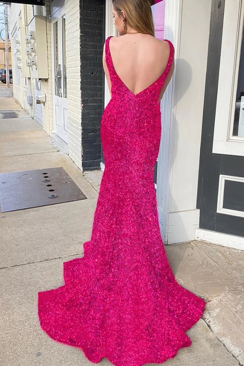 dressimeMermaid Sequin V Neck Open Back Long Prom Dresses 