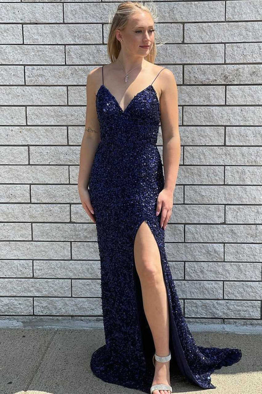 dressimeMermaid Sequins Spaghetti Straps Slit Long Prom Dresses 