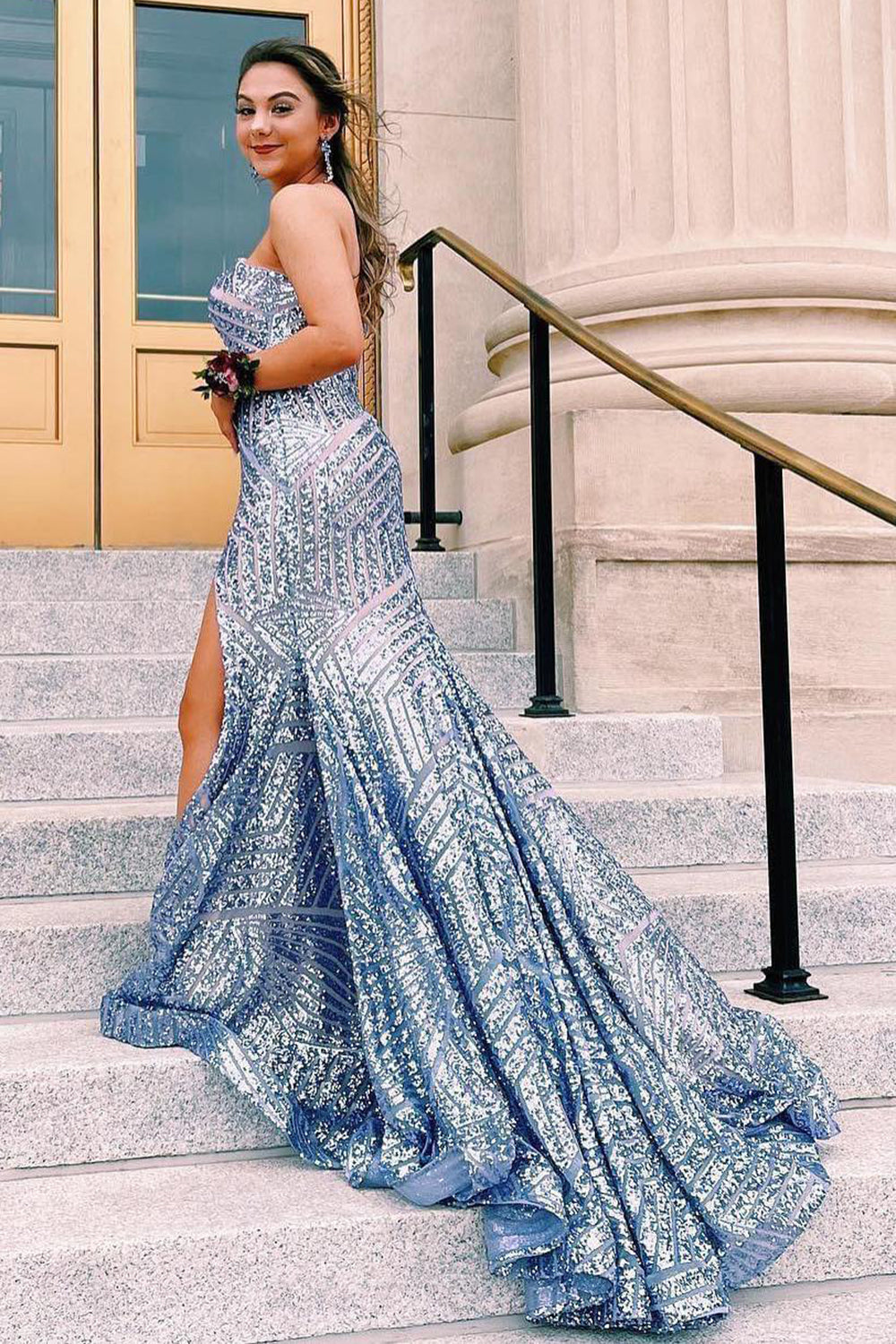 dressimeMermaid Sequins Strapless Long Prom Dresses With Slit 