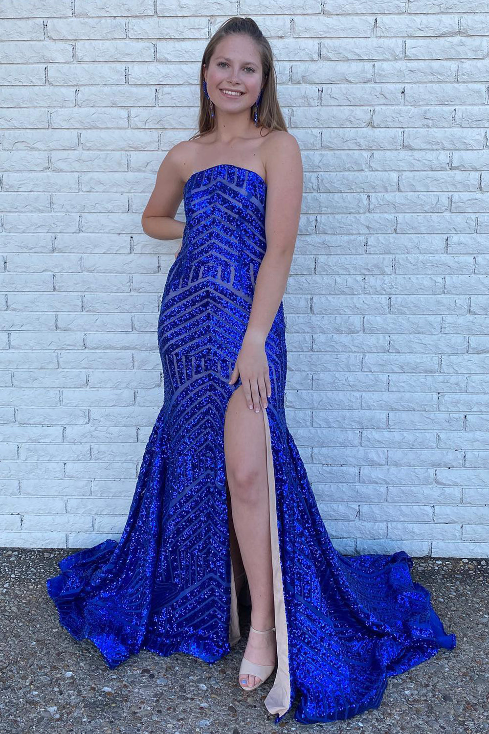 dressimeMermaid Sequins Strapless Long Prom Dresses With Slit 