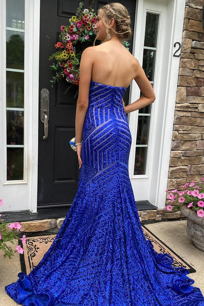 dressimeMermaid Sequins Strapless Long Prom Dresses With Slit 