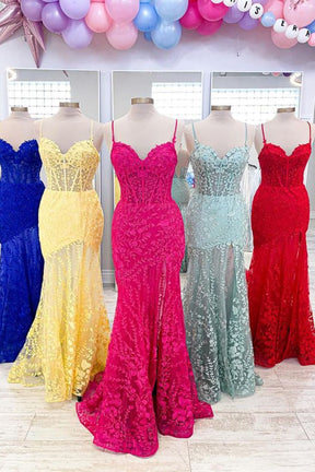 Dressime Mermaid Spagetti Straps Sweetheart Lace Slit Long Prom Dress With Appliques dressime