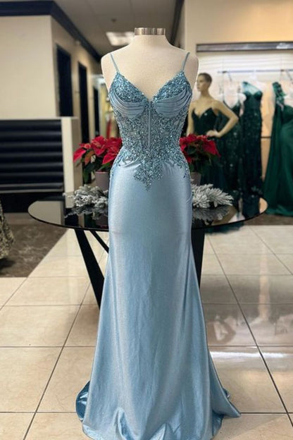 Dressime Mermaid Spaghetti Strap Satin Long Prom Dress with Beaded dressime