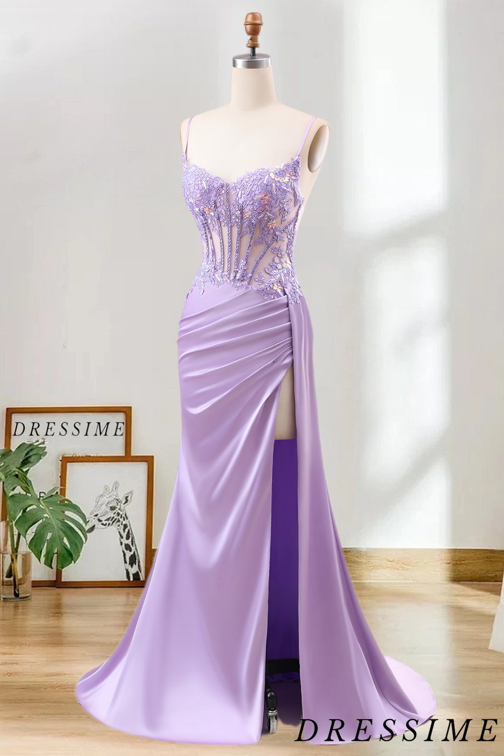 Dressime Mermaid Spaghetti Straps Pleated Sequin Corset Long Prom Dress With Slit dressime