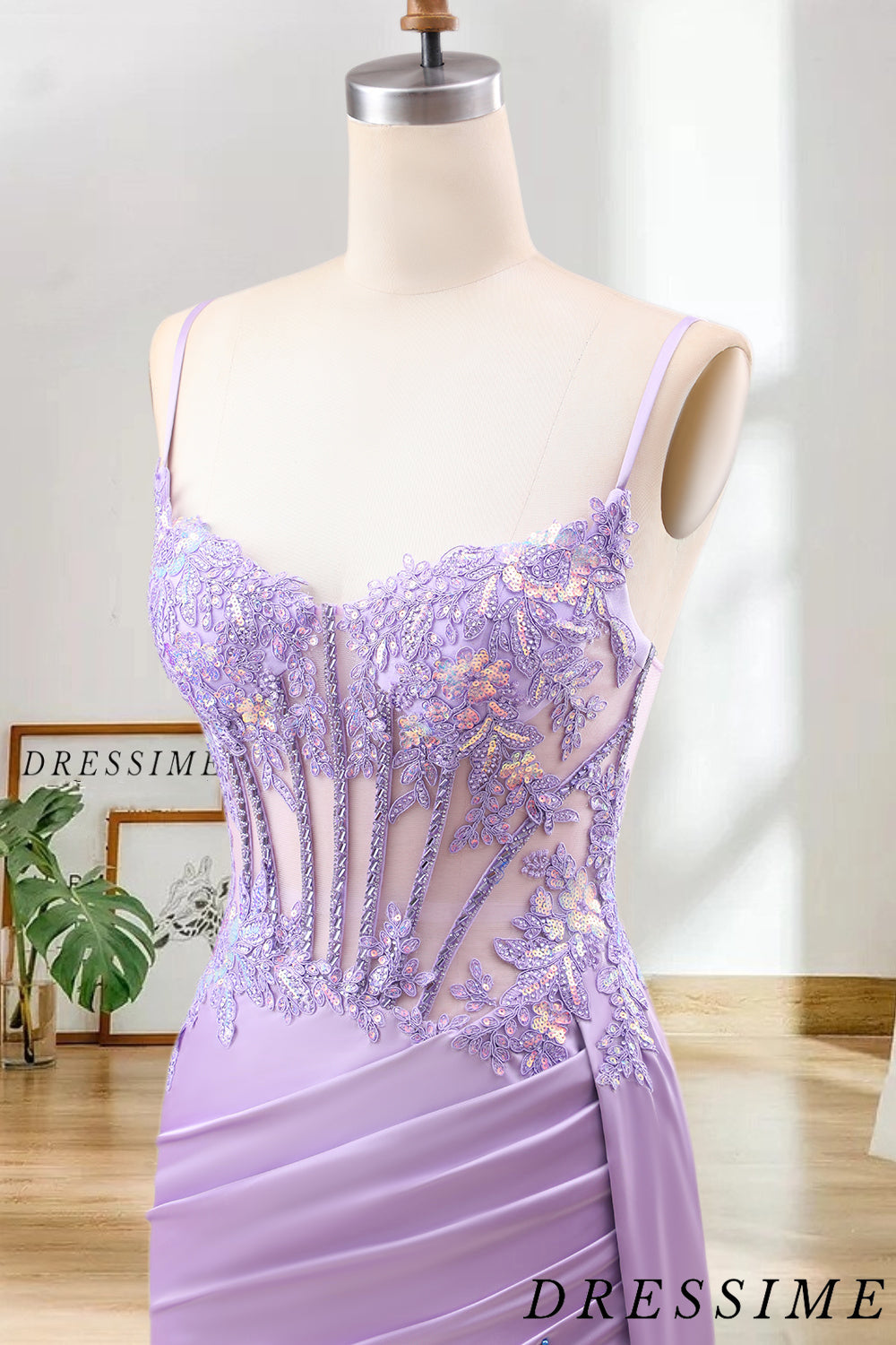 Dressime Mermaid Spaghetti Straps Pleated Sequin Corset Long Prom Dress With Slit dressime