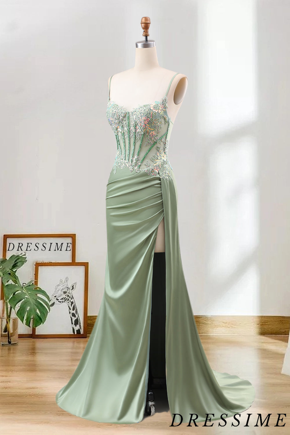 Dressime Mermaid Spaghetti Straps Pleated Sequin Corset Long Prom Dress With Slit dressime