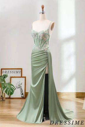 Dressime Mermaid Spaghetti Straps Pleated Sequin Corset Long Prom Dress With Slit dressime