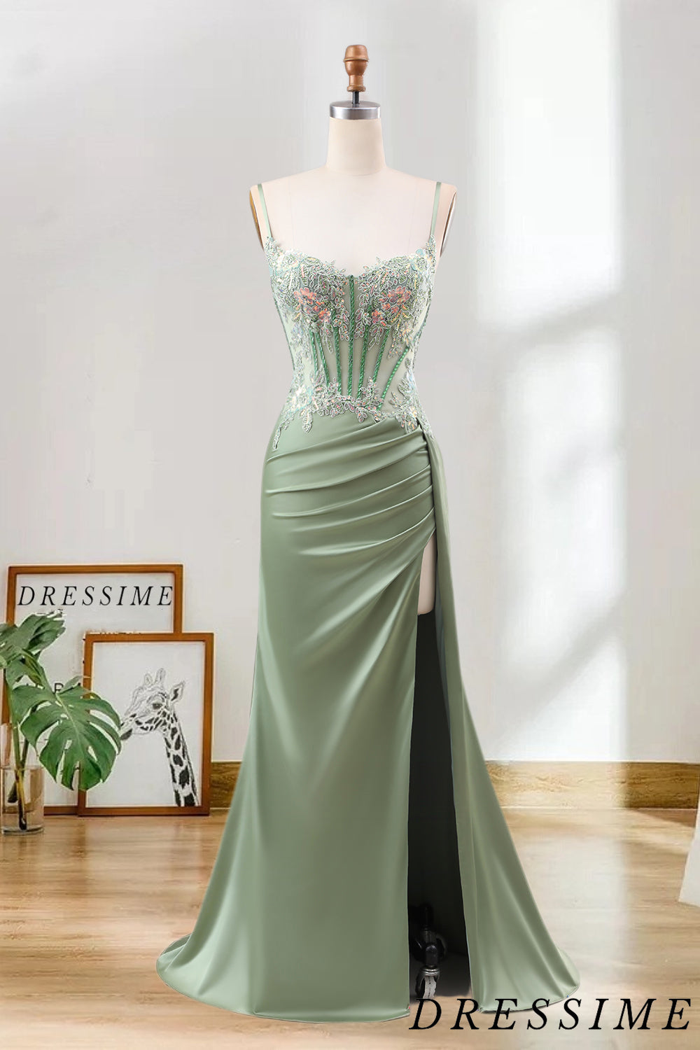 Dressime Mermaid Spaghetti Straps Pleated Sequin Corset Long Prom Dress With Slit dressime