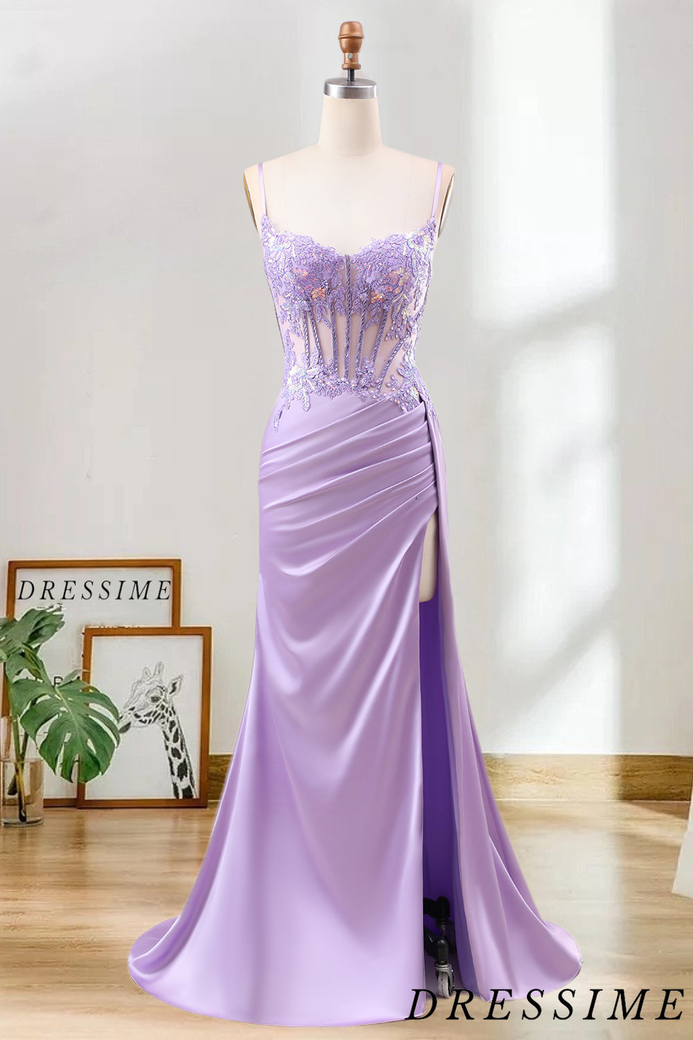 Dressime Mermaid Spaghetti Straps Pleated Sequin Corset Long Prom Dress With Slit dressime