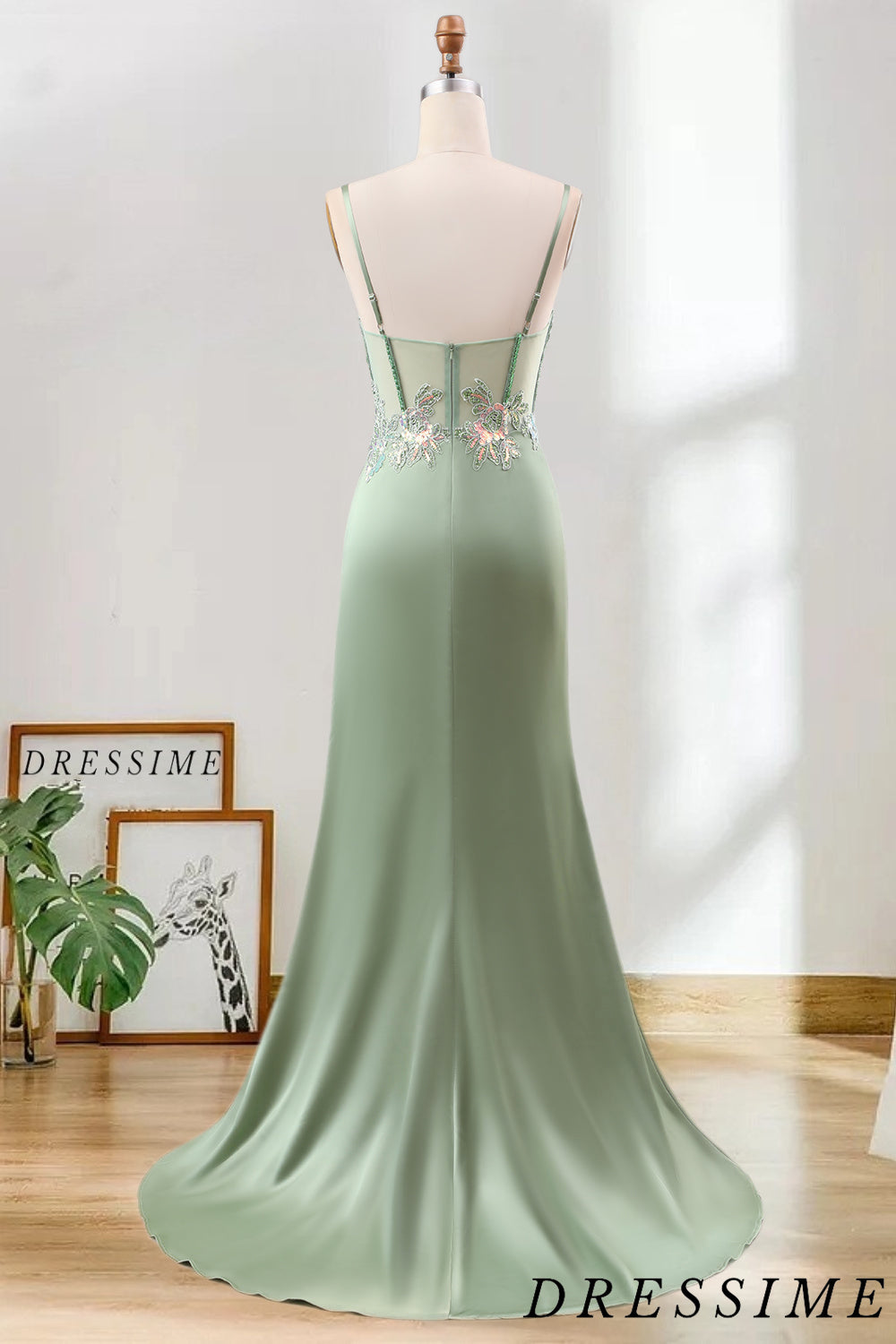 Dressime Mermaid Spaghetti Straps Pleated Sequin Corset Long Prom Dress With Slit dressime