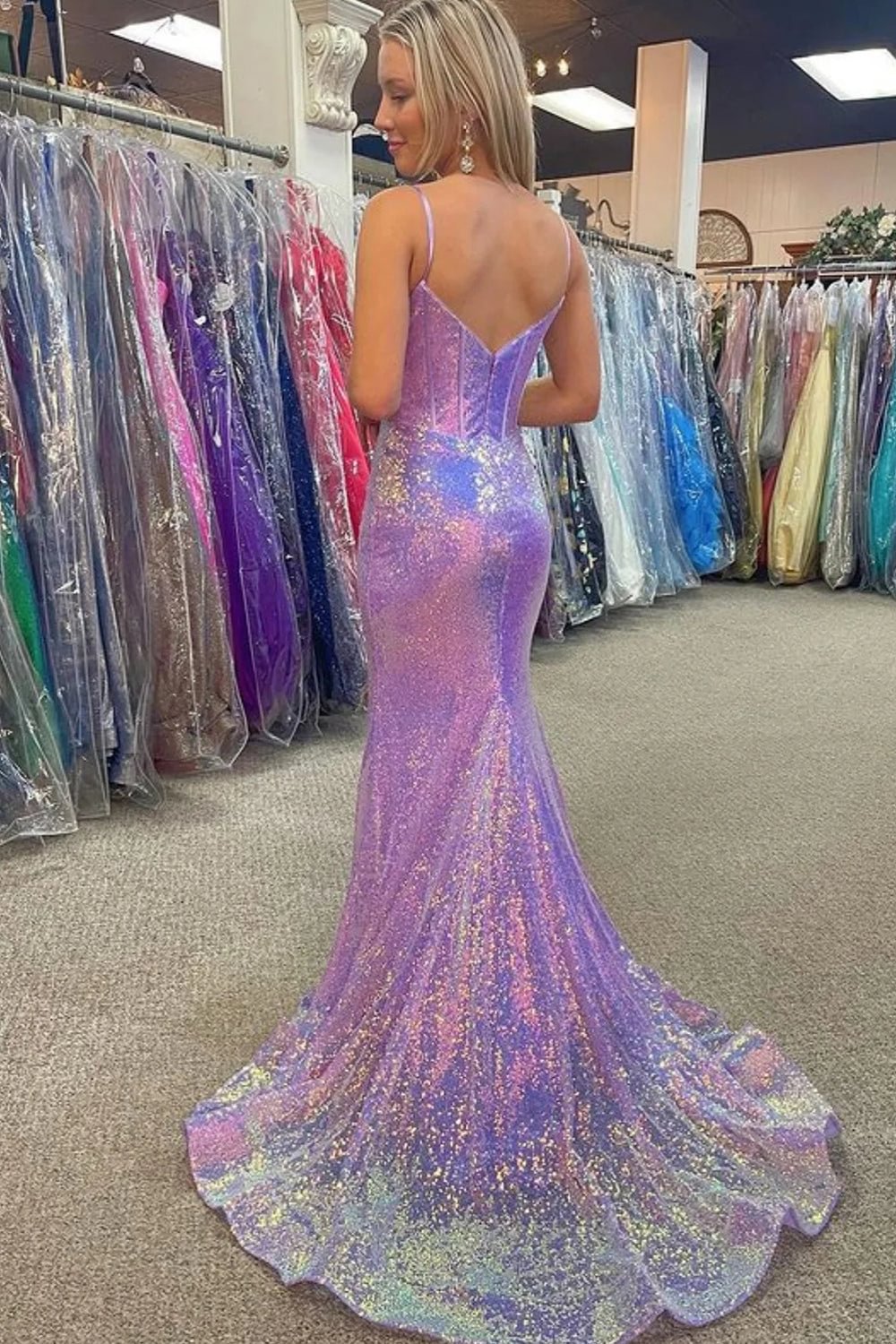 dressimeMermaid Spaghetti Straps Sequin Long Prom Dresses 