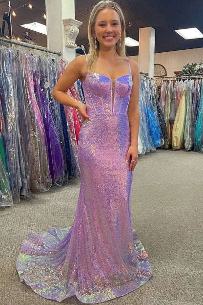 dressimeMermaid Spaghetti Straps Sequin Long Prom Dresses 